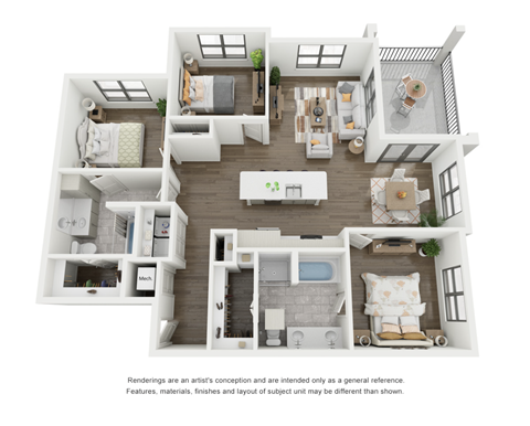 Floor plan for 3 beds, 2 baths, 1391 sqft
